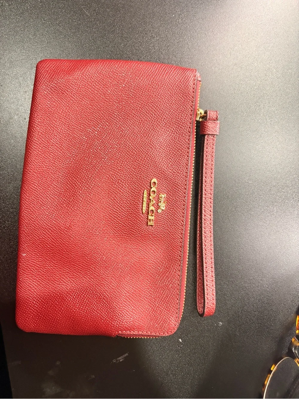 Coach Red Pebbled Leather Wristlet Clutch with Gold Logo